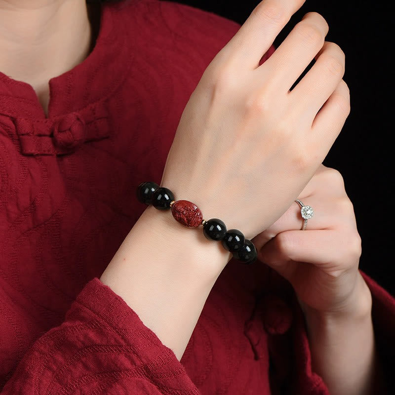 Nimara Ritual Chinese Zodiac Natal Buddha Natural Black Obsidian Cinnabar Purification Bracelet