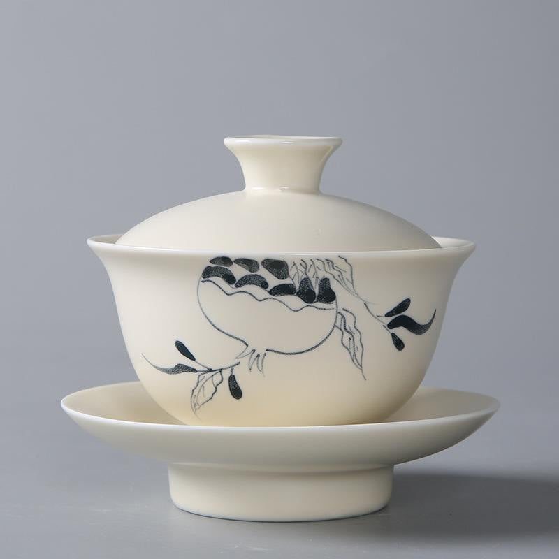 Nimara Ritual Hand Painted Pomegranate Hibiscus Pine Lotus Ceramic Gaiwan Sancai Teacup Kung Fu Tea Cup And Saucer With Lid