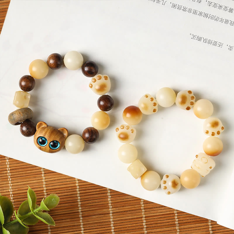 Nimara Ritual Natural Bodhi Seed Sandalwood Lucky Cute Cat Head Paw Claw Peace Bracelet
