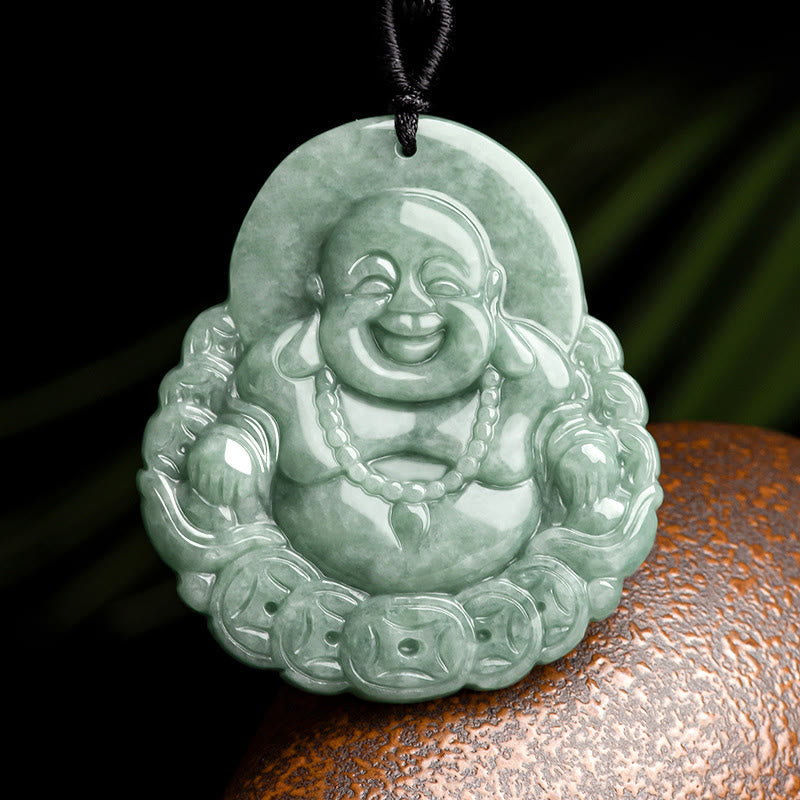 Nimara Ritual Laughing Buddha Natural Jade Copper Coin Abundance Necklace Pendant