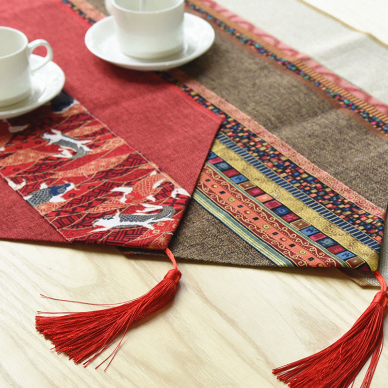Nimara Ritual Classic Chinese Style Lotus Koi Fish Flower Crane Calligraphy Enlightenment Cotton Linen Tassels Table Runner