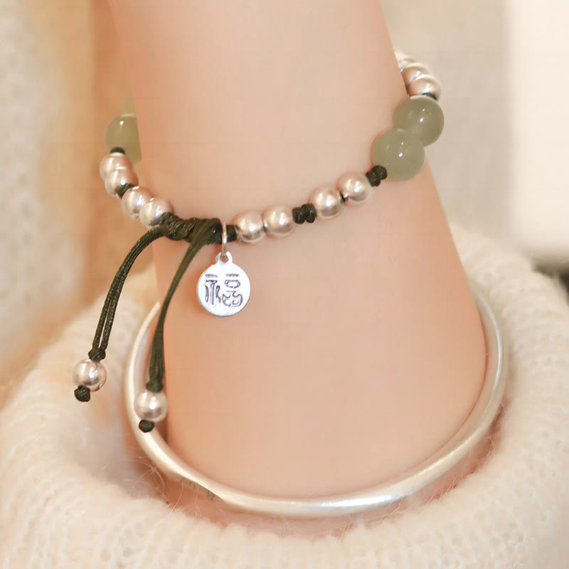 Nimara Ritual 925 Sterling Silver Natural Jade Fu Character Bamboo Abundance Bracelet