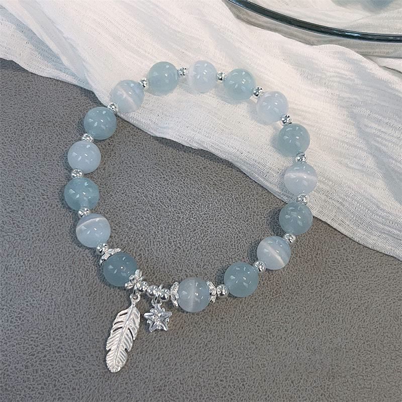 Nimara Ritual 925 Sterling Silver Aquamarine Cat's Eye Healing Feather Star Charm Bracelet