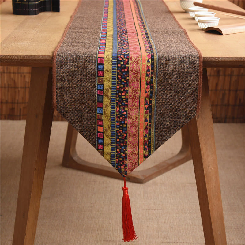 Nimara Ritual Classic Chinese Style Lotus Koi Fish Flower Crane Calligraphy Enlightenment Cotton Linen Tassels Table Runner