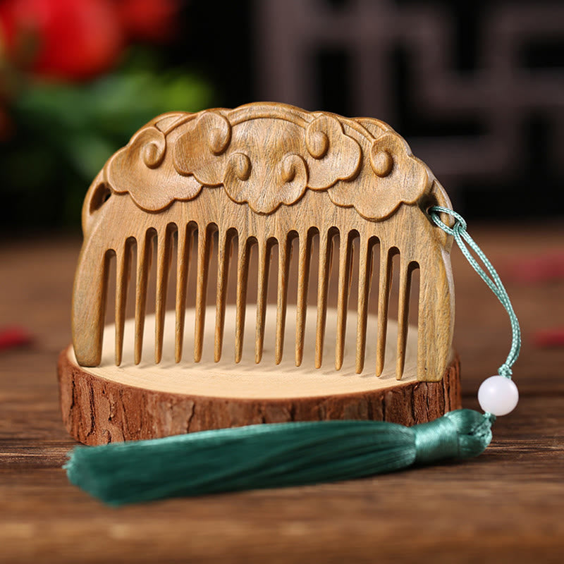 Nimara Ritual Green Sandalwood Fox Peony Flower Lotus Engraved Cure Tassel Comb