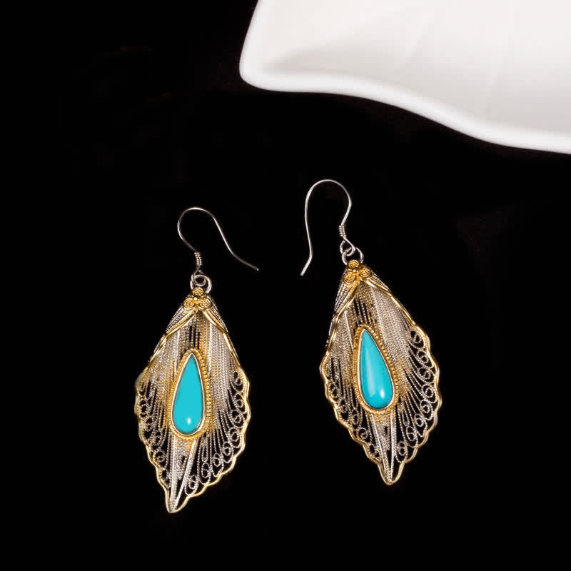 Nimara Ritual 925 Sterling Silver Turquoise Bodhi Leaf Pattern Protection Drop Dangle Earrings