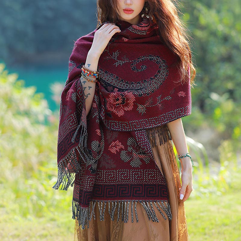 Nimara Ritual Tibetan Flowers Leaves Pattern Design Shawl Cozy Travel Scarf Wrap