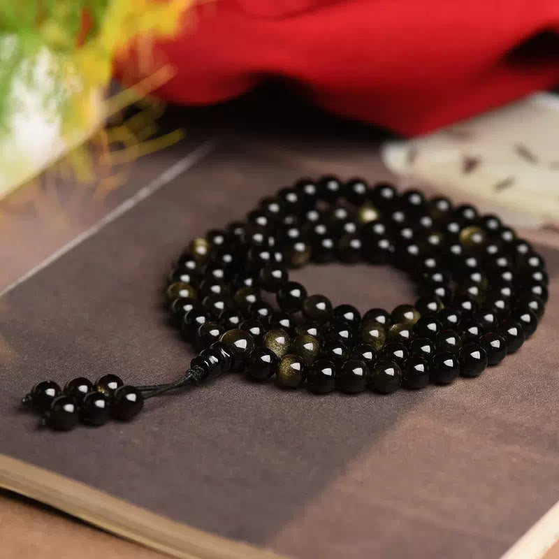 Nimara Ritual 108 Mala Beads Natural Gold Sheen Obsidian Wealth Bracelet