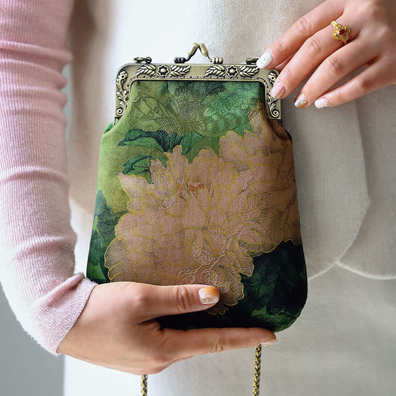 Nimara Ritual Small Green Peony Butterfly Metal Chain Crossbody Bag Shoulder Bag Cellphone Bag