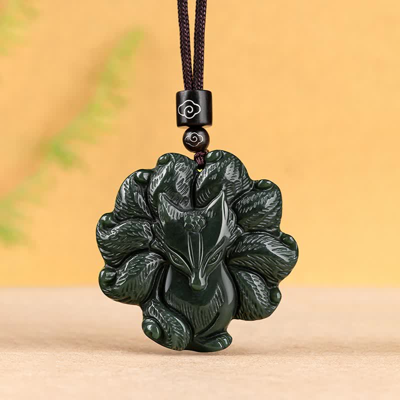 Nimara Ritual Hetian Cyan Jade Nine Tailed Fox Luck Necklace String Pendant