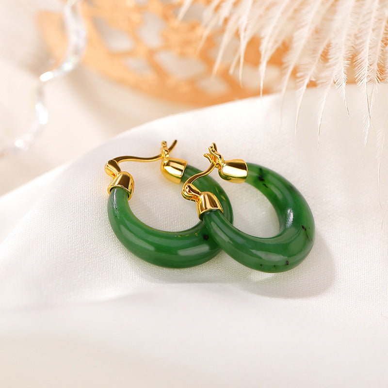 Nimara Ritual 925 Sterling Silver Plated Gold Natural Round Hetian Cyan Jade Luck Drop Earrings