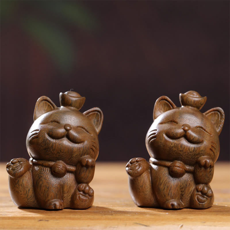 Nimara Ritual Mini Green Sandalwood Ingot Lucky Cat Carved Peace Desk Decorations