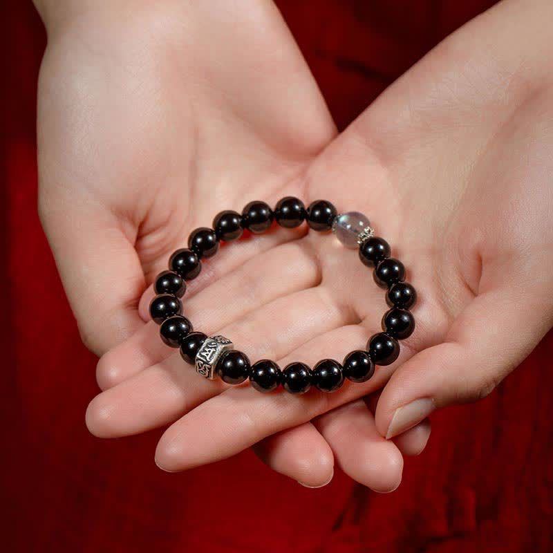 Nimara Ritual Chinese Zodiac Natal Buddha 925 Sterling Silver Black Obsidian Moonstone Strength Bracelet