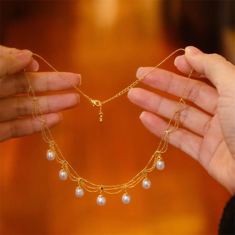 Nimara Ritual Vintage 14K Gold Plated Pearl Bead Healing Multilayer Necklace Pendant