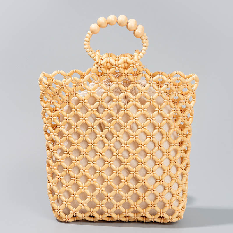 Nimara Ritual Hand-woven Fishing Line Braiding Mesh Hollow Wooden Beads Handbag