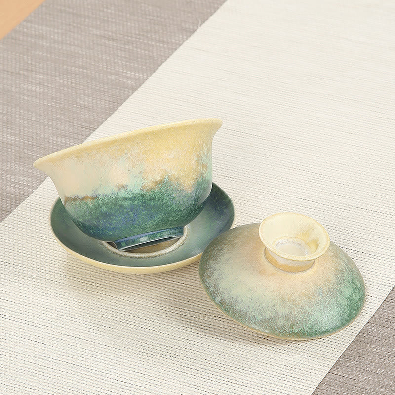 Nimara Ritual Green Ocean Waves Design Porcelain Ceramic Gaiwan Sancai Teacup Kung Fu Tea Cup And Saucer With Lid