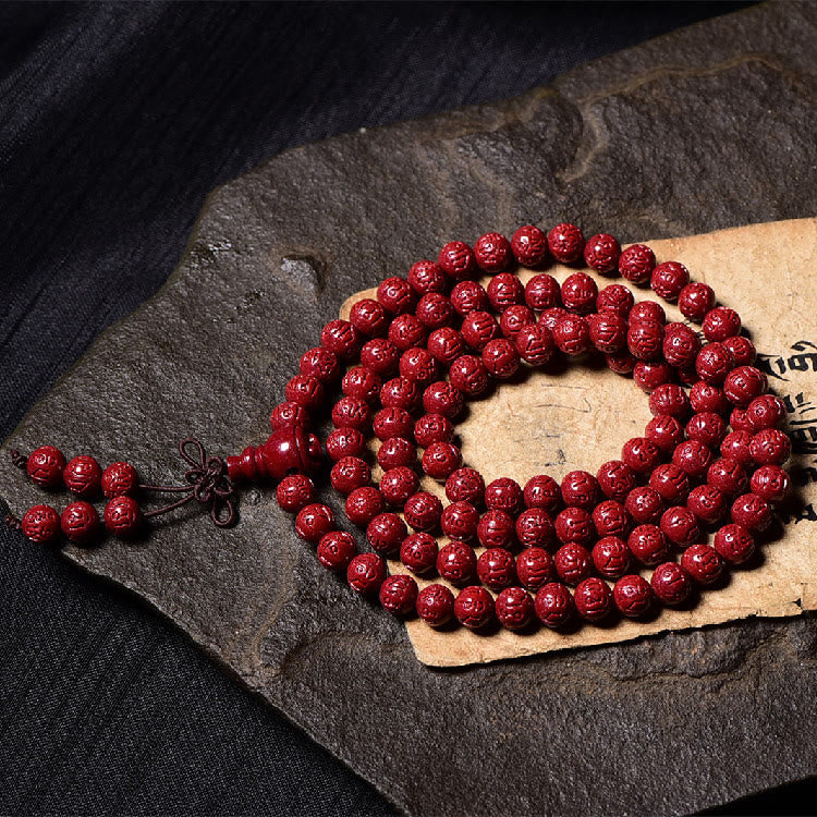 Nimara Ritual 108 Mala Beads Cinnabar Om Mani Padme Hum Pattern Engraved Blessing Bracelet