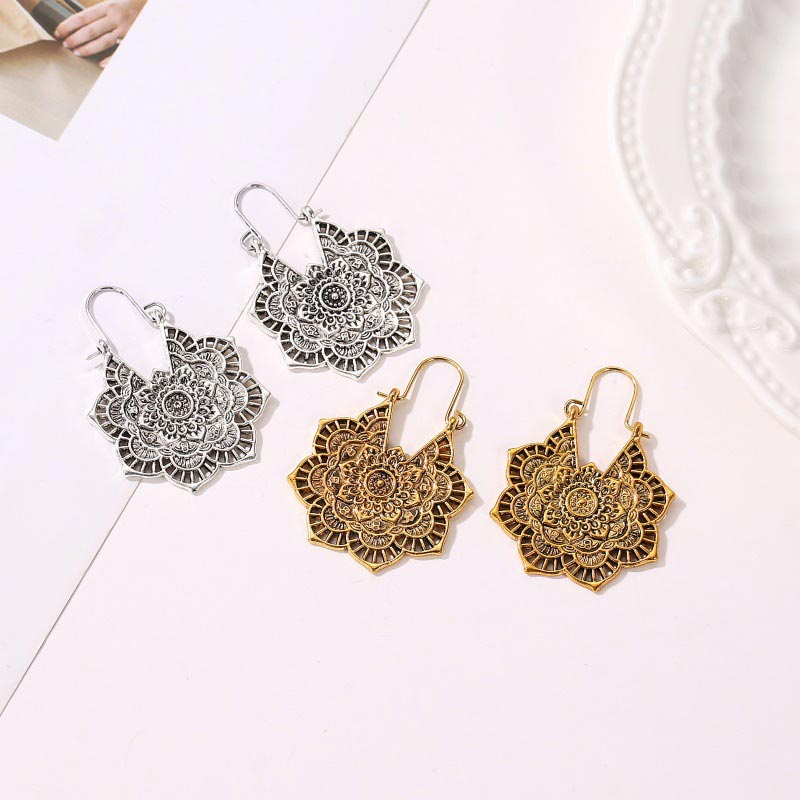 Nimara Ritual Tibetan Lotus Engraving Copper Blessing Drop Earrings