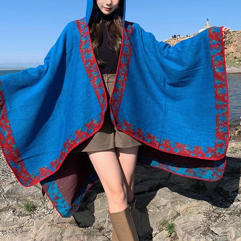 Nimara Ritual Tibetan Shawl Border Small Floral Flower Hooded Cloak Winter Cozy Travel Scarf Wrap