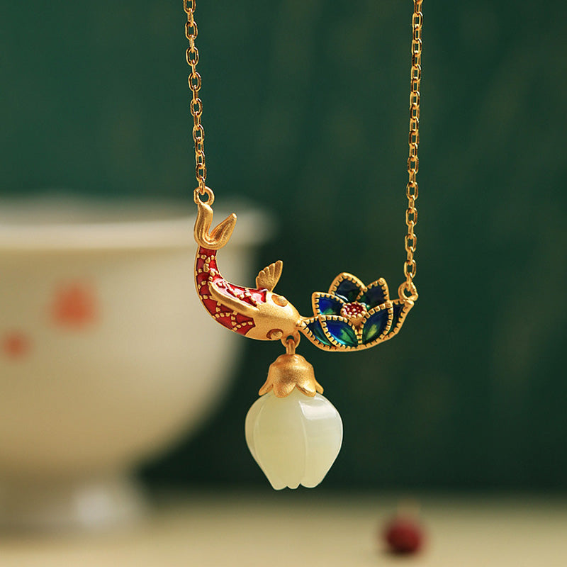 Nimara Ritual White Jade Koi Fish Lotus Copper Protection Necklace Pendant