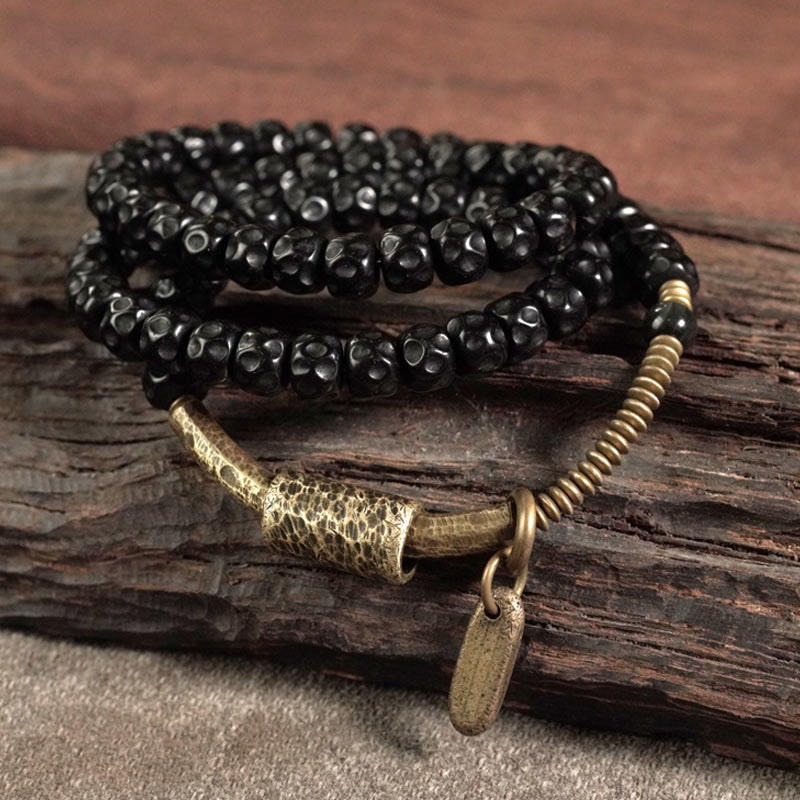 Nimara Ritual Retro Coconut Shell Brass Copper Happiness Triple Wrap Bracelet