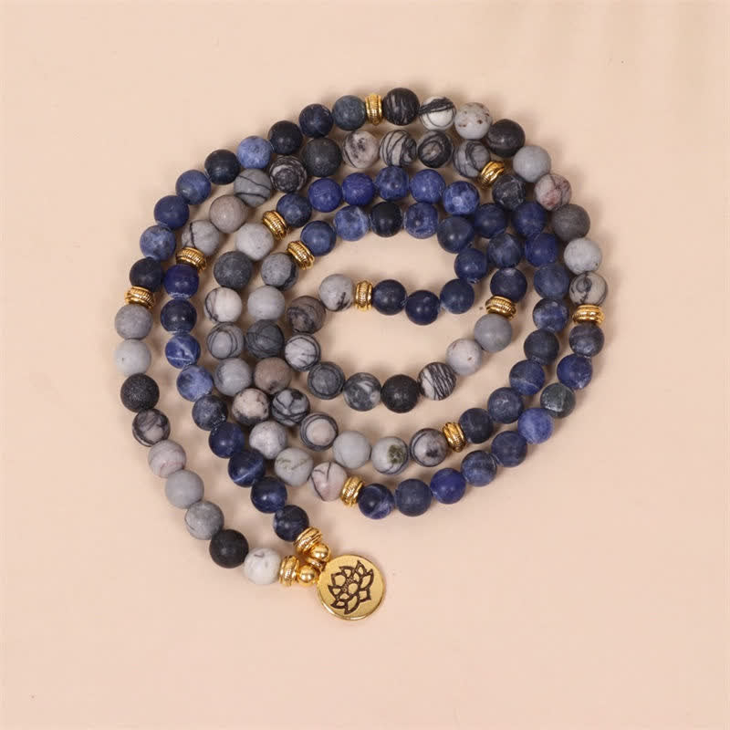 Nimara Ritual 108 Mala Beads Sodalite Zebra Jasper Crystal Lotus Strength Bracelet