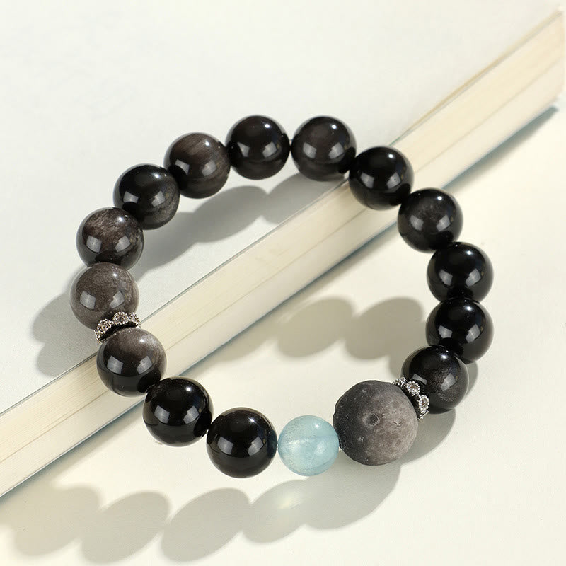 Nimara Ritual Natural Silver Sheen Obsidian Cat Head Fox Planet Protection Bracelet