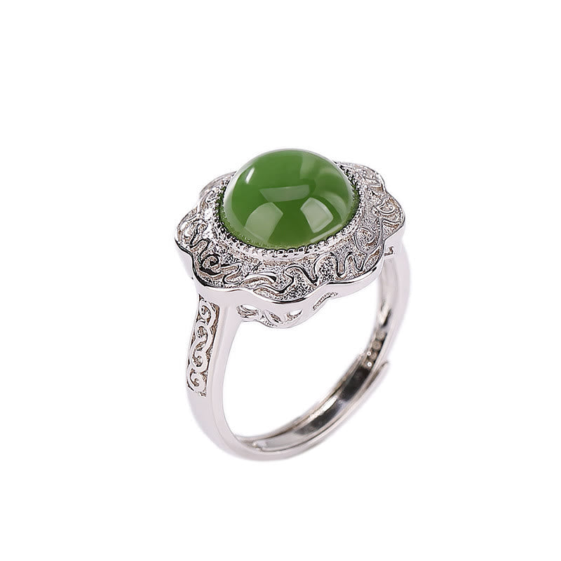 Nimara Ritual 925 Sterling Silver Hetian Cyan Jade Flower Design Luck Adjustable Ring