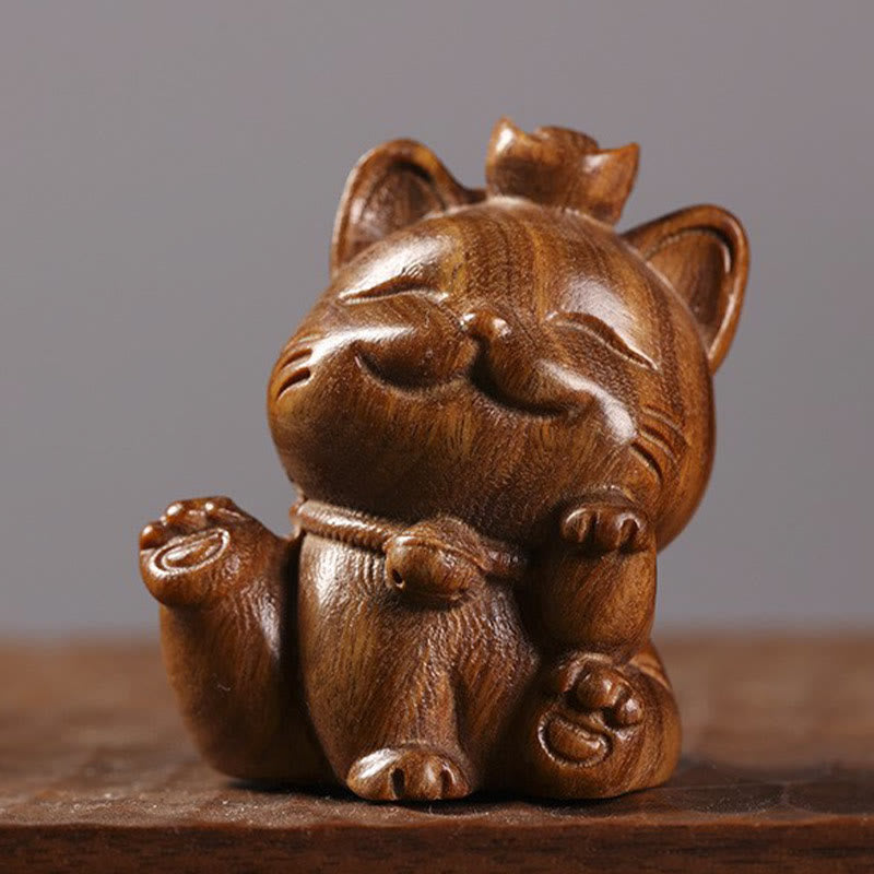 Nimara Ritual Mini Green Sandalwood Ingot Lucky Cat Carved Peace Desk Decorations