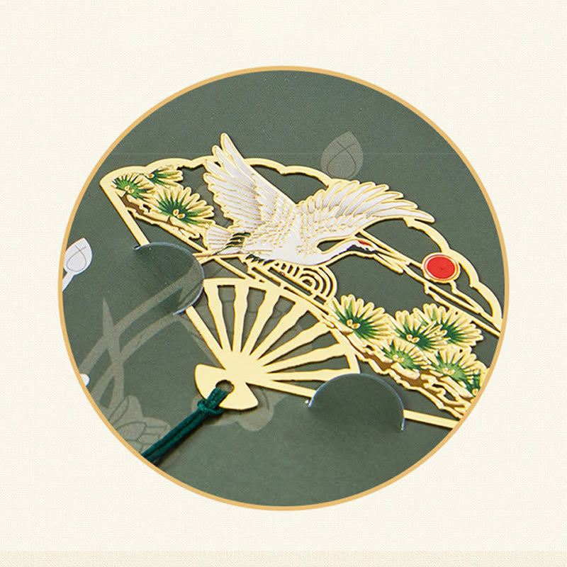 Nimara Ritual Traditional Butterfly Lotus Flower Crane Dragon Phoenix Fox Koi Fish New Beginning Metal Brass Hollow Fan Bookmarks