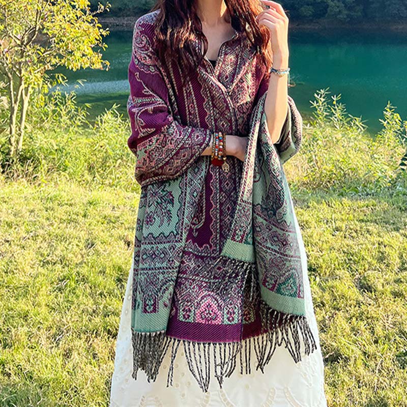 Nimara Ritual Vintage Tibetan Leaves Pattern Design Shawl Cozy Travel Scarf Wrap