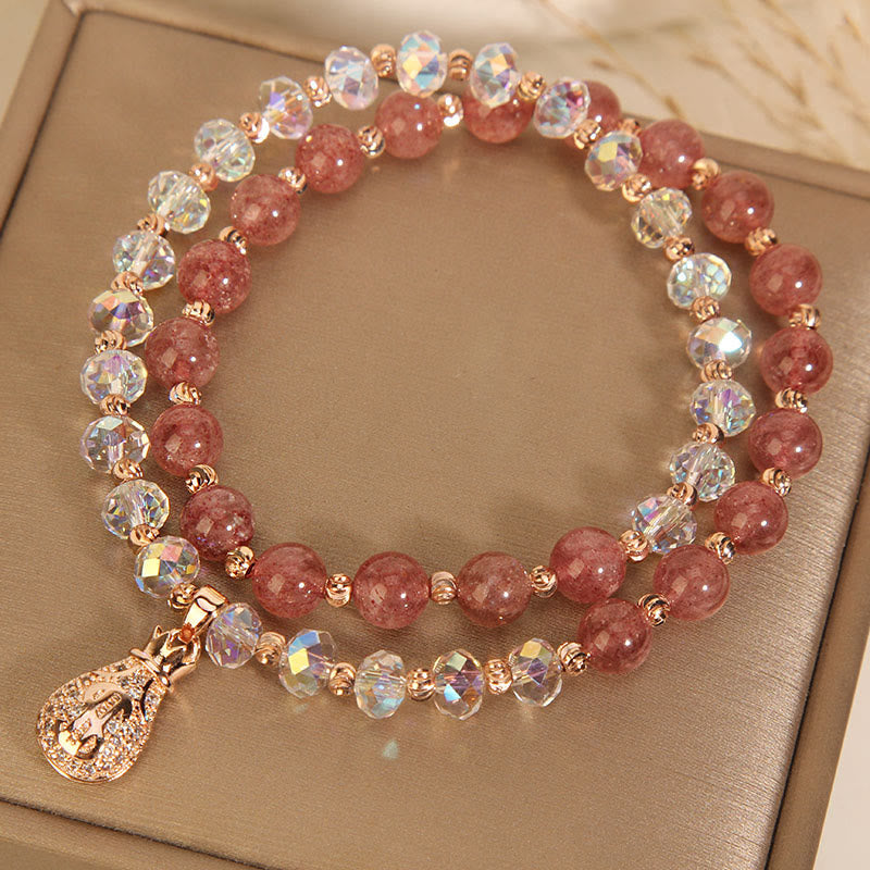 Nimara Ritual Strawberry Quartz White Crystal Money Bag Charm Positive Bracelet