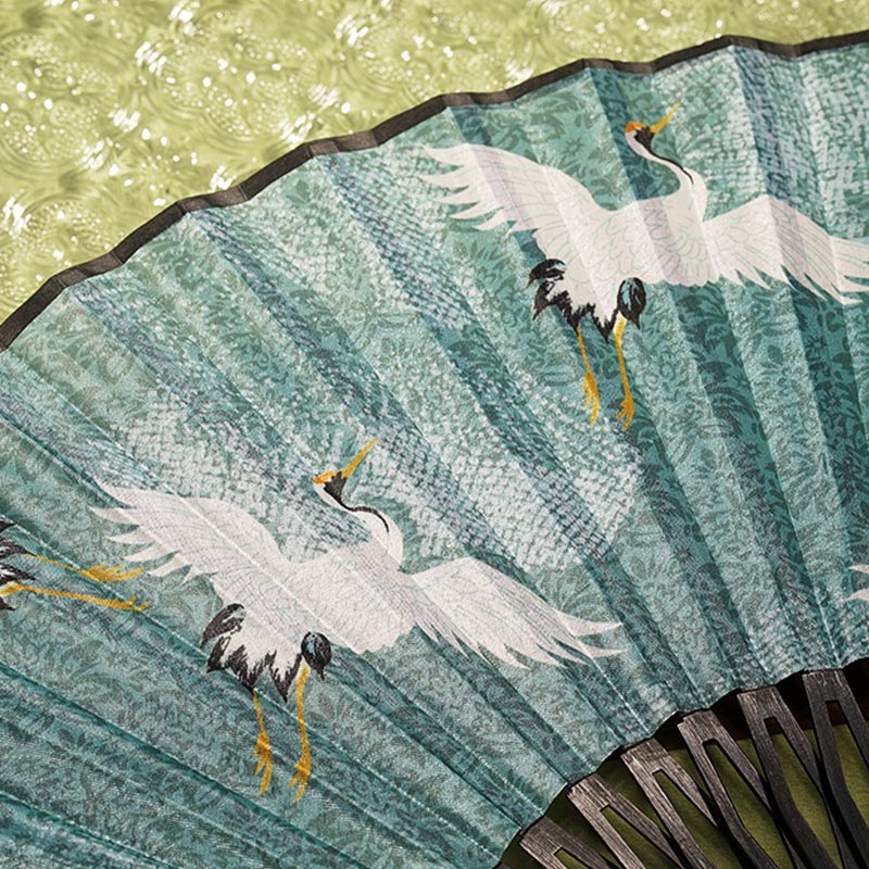 Nimara Ritual Vintage Blue White Crane Pattern Handheld Silk Bamboo Folding Fan