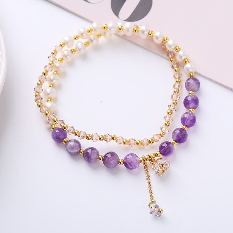 Nimara Ritual Natural Amethyst Aquamarine Strawberry Quartz Pearl Peace Healing Double Wrap Bracelet
