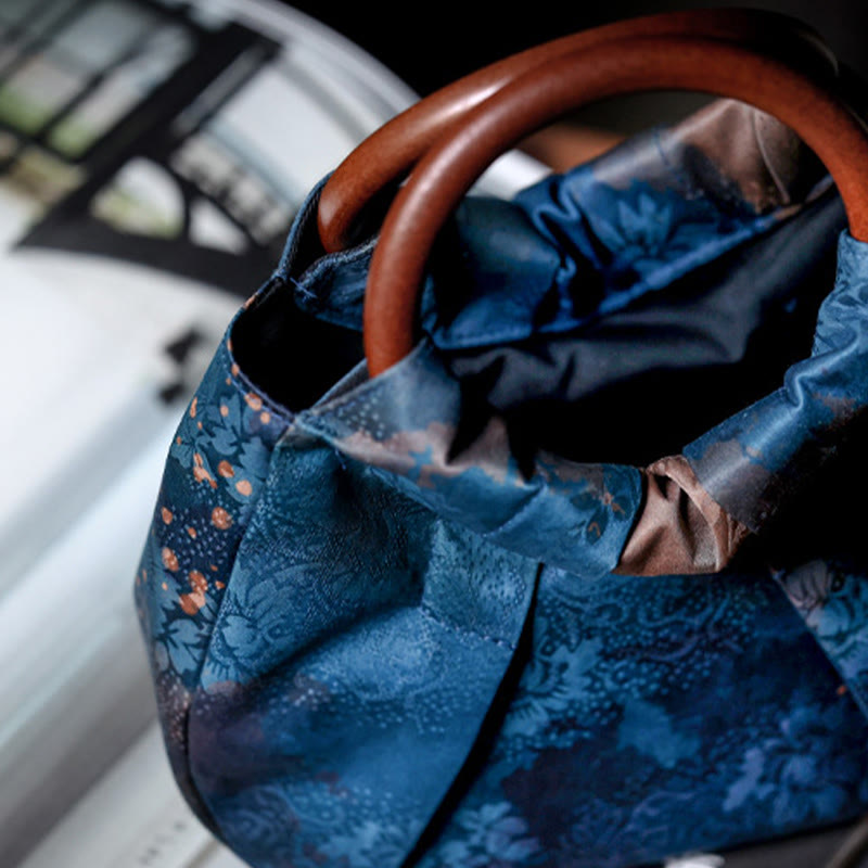 Nimara Ritual Handmade Jacquard Flower Blue Wooden Handle Handbag