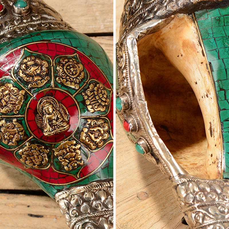 Nimara Ritual Tibetan Handmade Engraved Shankha Double Dorje Buddha Conch Shell Wealth Positive Decoration