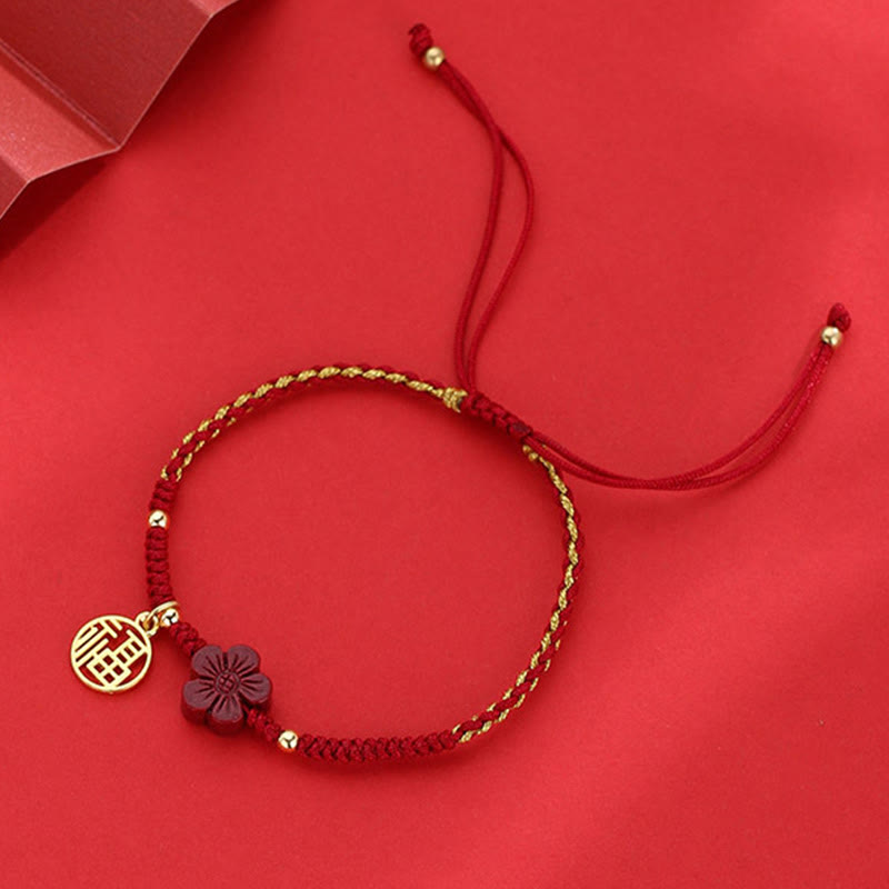 Nimara Ritual Cinnabar Flower Fu Character Blessing Braided String Bracelet