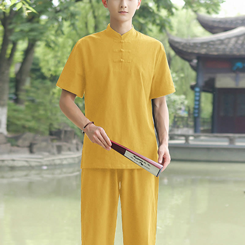Nimara Ritual 2Pcs Men's Short Sleeve Shirt Top T-Shirt Pants Meditation Zen Tai Chi Cotton Linen Clothing Set