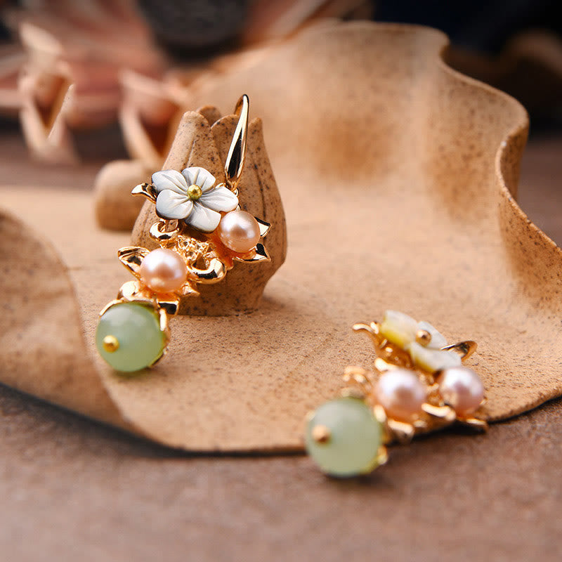 Nimara Ritual 14K Gold Plated Tridacna Stone Flower Pearl Green Aventurine Bead Drop Earrings