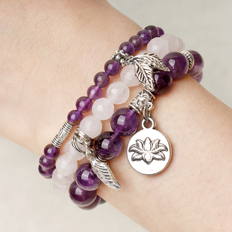 Nimara Ritual 3PCS Natural Quartz Crystal Beaded Healing Energy Lotus Bracelet