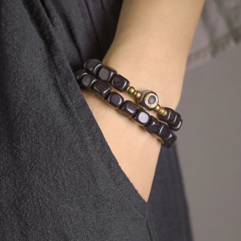 Nimara Ritual Ebony Wood Dzi Bead Copper Peace Couple Bracelet
