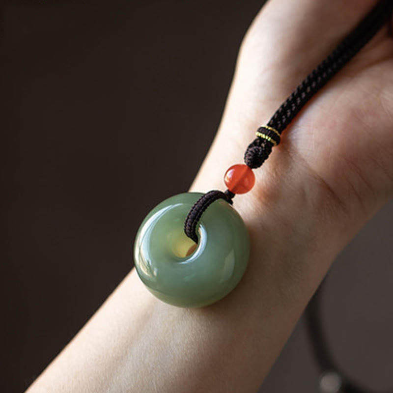 Nimara Ritual Natural Round Jade Peace Buckle Lotus Abundance String Necklace Pendant