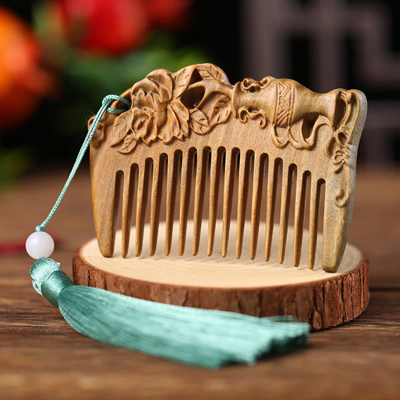 Nimara Ritual Green Sandalwood Fox Peony Flower Lotus Engraved Cure Tassel Comb