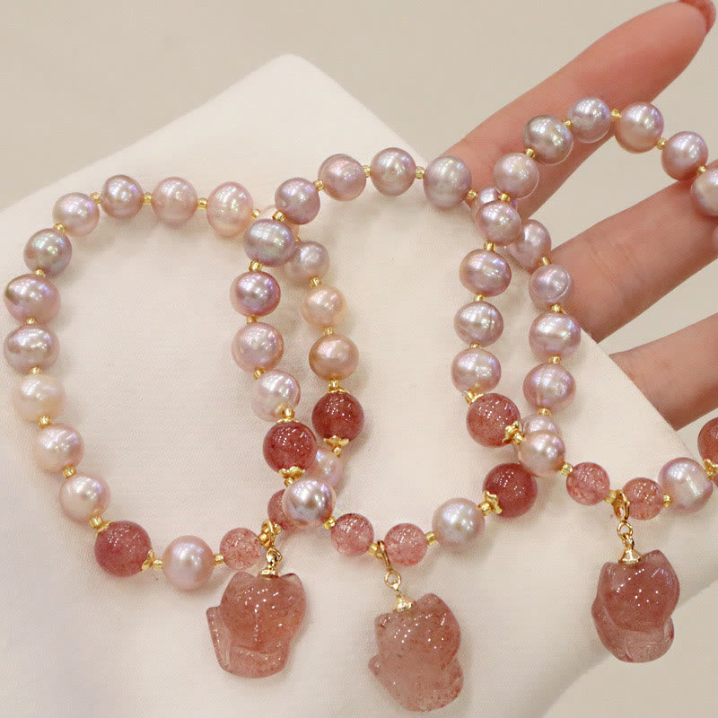Nimara Ritual Natural Pearl Strawberry Quartz Cute Fox Love Healing Charm Bracelet