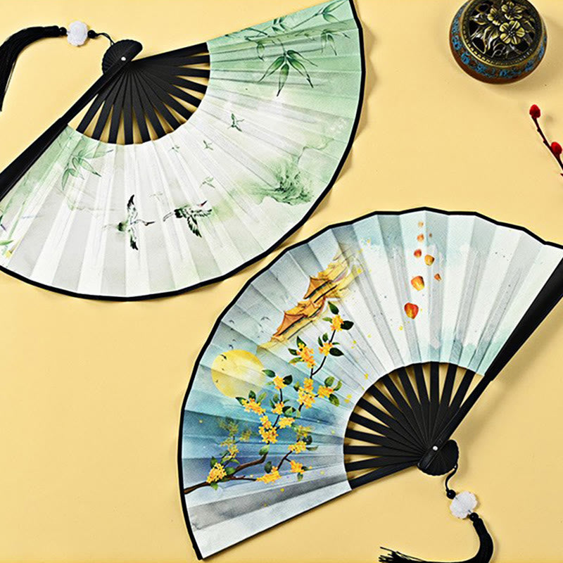 Nimara Ritual Vintage Phoenix Nine Tailed Fox Flower Bamboo Tiger Handheld Folding Fan Lotus Tassel Fan