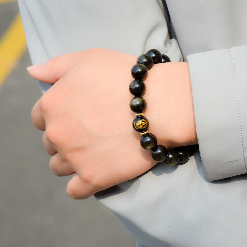 Nimara Ritual Chinese Zodiac Natal Buddha Gold Sheen Obsidian Wealth Protection Bracelet