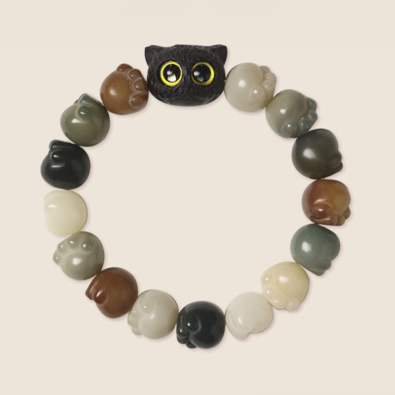 Nimara Ritual Natural Bodhi Seed Lovely Paw Ebony Wood Lucky Cat Wisdom Bracelet