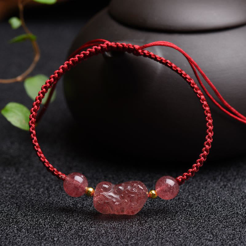 Nimara Ritual Natural Strawberry Quartz PiXiu Lucky Red String Bracelet