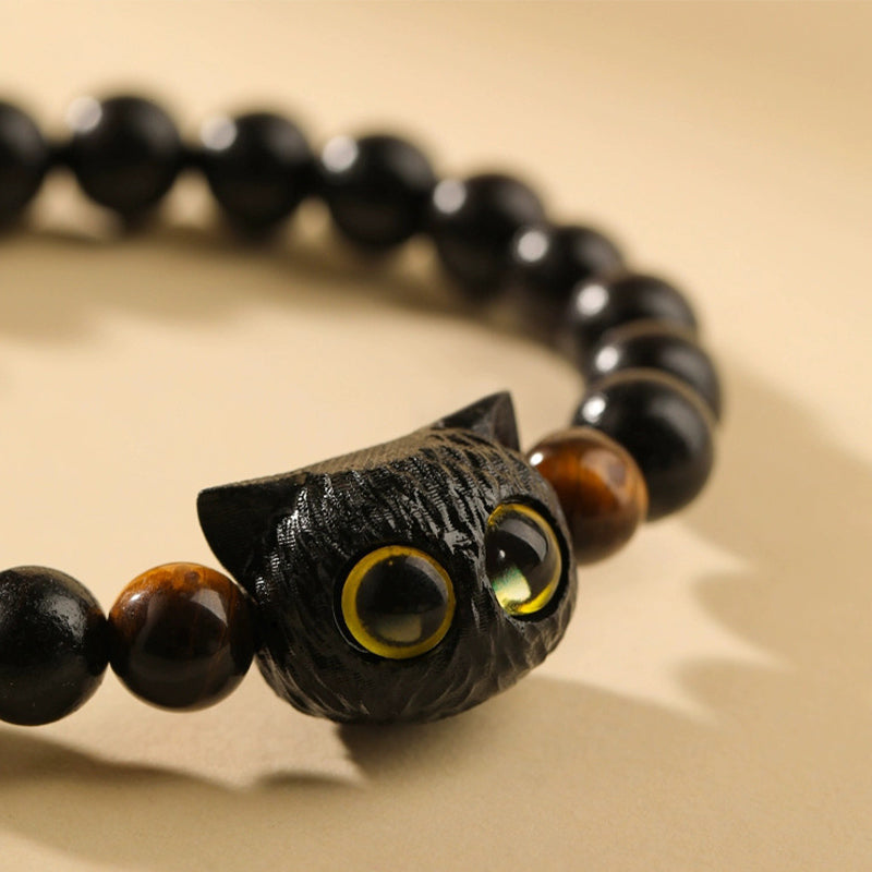 Nimara Ritual Cute Ebony Wood Cat Head Pattern Peace Bracelet