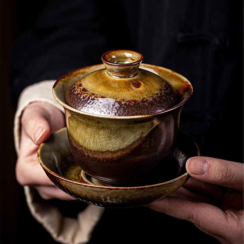 Nimara Ritual Vintage Brown Kiln Change Design Porcelain Ceramic Gaiwan Sancai Teacup Kung Fu Tea Cup And Saucer With Lid